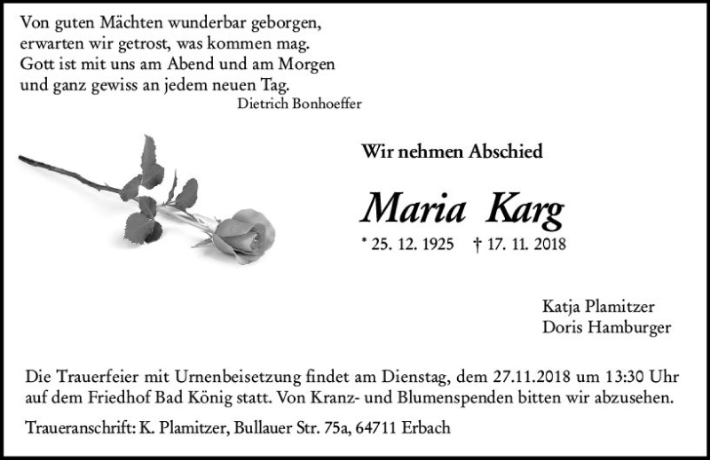  Traueranzeige für Maria Karg vom 24.11.2018 aus vrm-trauer
