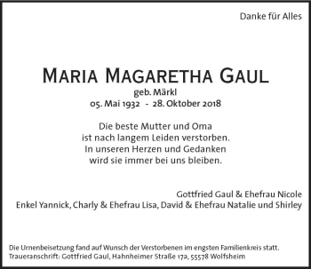 Traueranzeige von Maria Magaretha Gaul von vrm-trauer