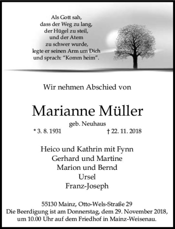 Traueranzeige von Marianne Müller von vrm-trauer