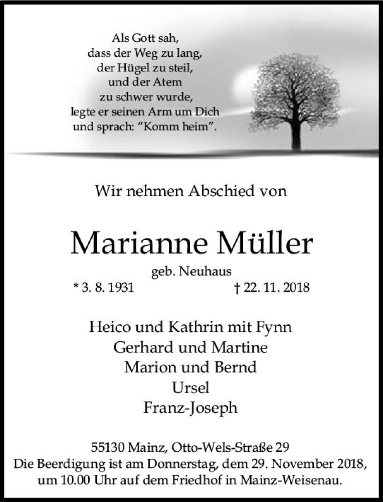  Traueranzeige für Marianne Müller vom 24.11.2018 aus vrm-trauer