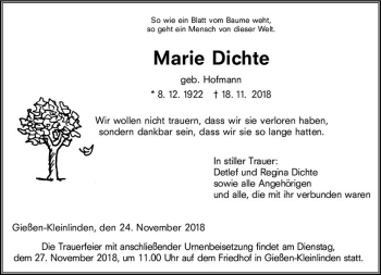 Traueranzeige von Marie Dichte von  Gießener Anzeiger