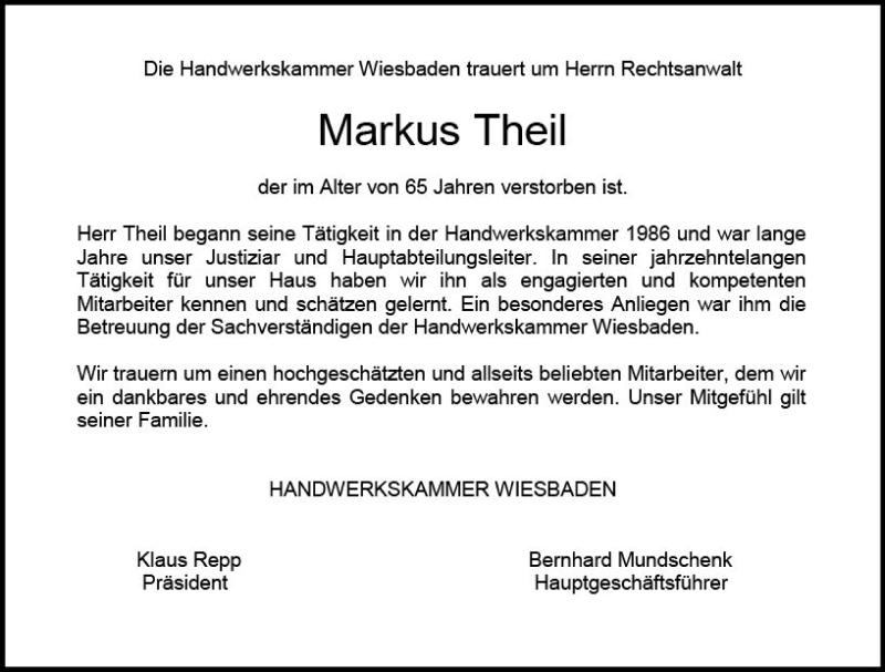  Traueranzeige für Markus Theil vom 17.11.2018 aus vrm-trauer