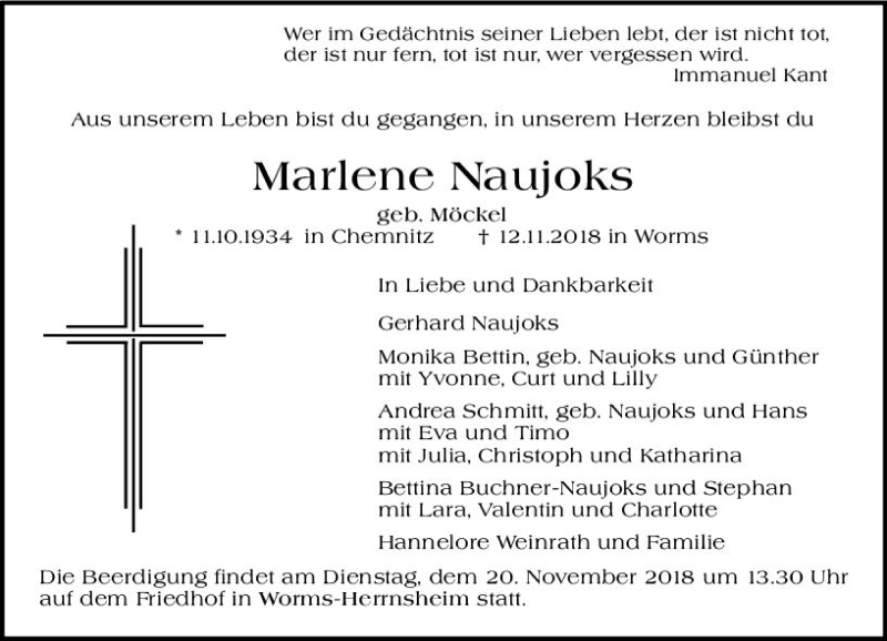  Traueranzeige für Marlene Naujoks vom 17.11.2018 aus vrm-trauer