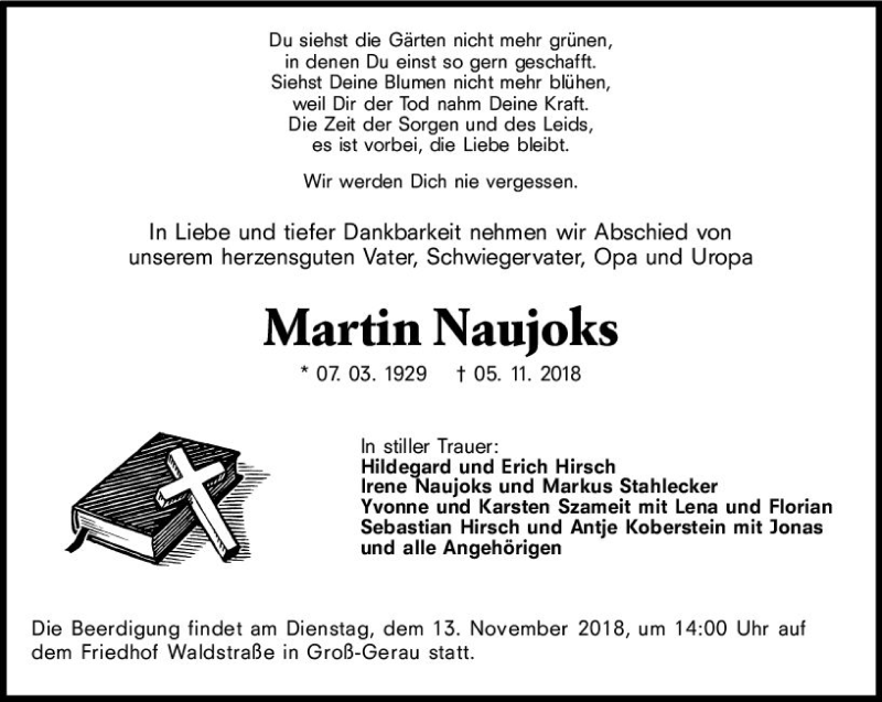  Traueranzeige für Martin Naujoks vom 10.11.2018 aus vrm-trauer