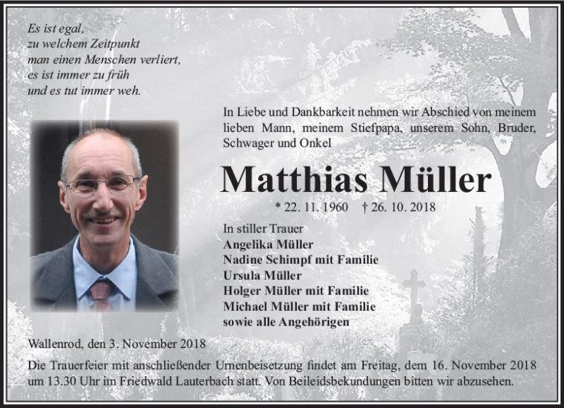  Traueranzeige für Matthias Müller vom 03.11.2018 aus VRM Trauer