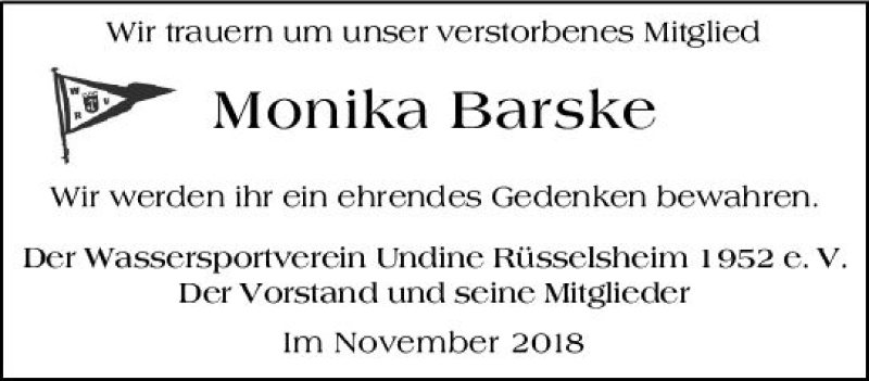  Traueranzeige für Monika Barske vom 24.11.2018 aus vrm-trauer