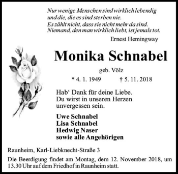 Traueranzeige von Monika Schnabel von vrm-trauer