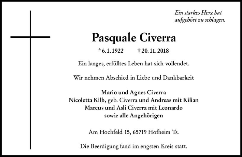  Traueranzeige für Pasquale Civerra vom 30.11.2018 aus vrm-trauer