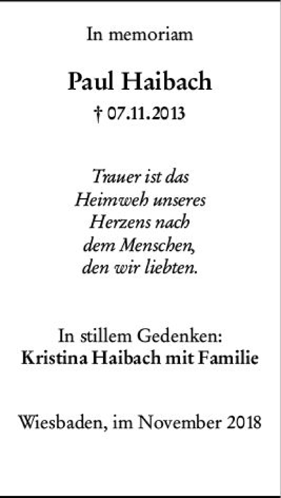  Traueranzeige für Paul Haibach vom 07.11.2018 aus vrm-trauer