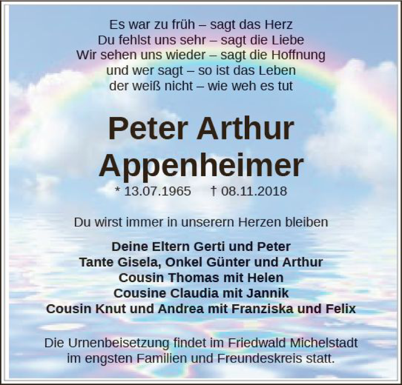  Traueranzeige für Peter Arthur Appenheimer vom 17.11.2018 aus vrm-trauer