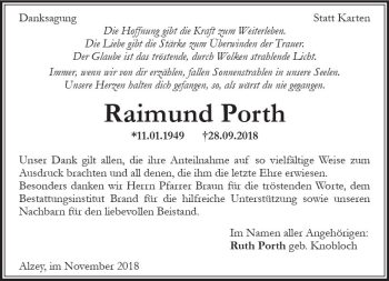 Traueranzeige von Raimund Porth von vrm-trauer