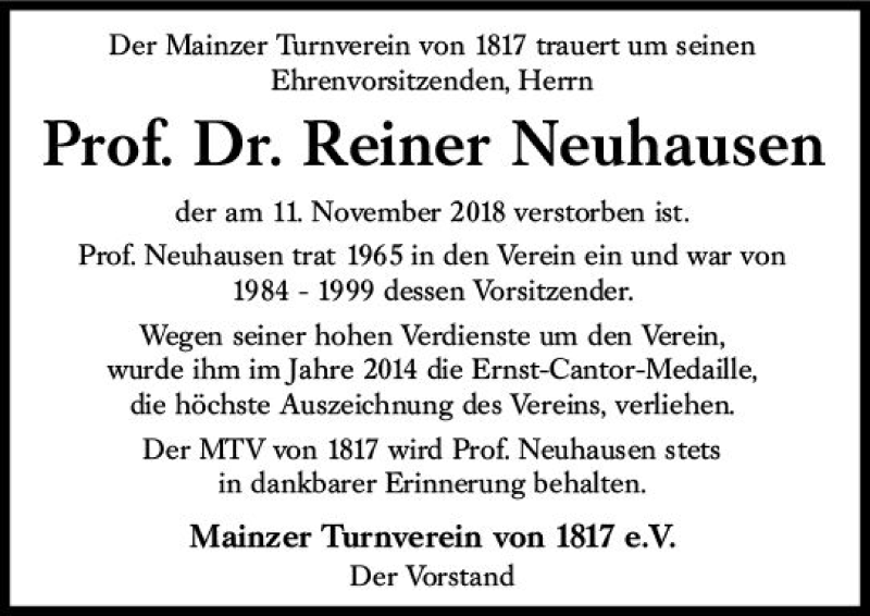  Traueranzeige für Reiner Neuhausen vom 24.11.2018 aus vrm-trauer