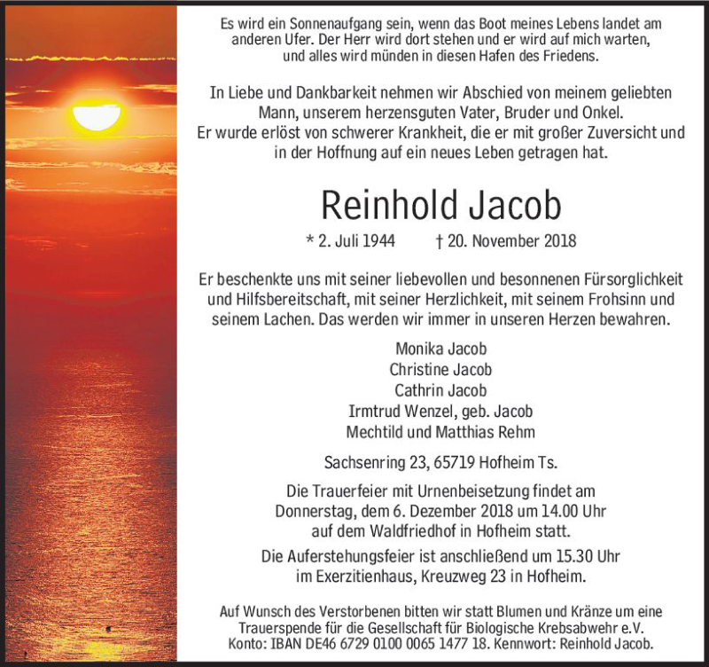  Traueranzeige für Reinhold Jacob vom 30.11.2018 aus vrm-trauer