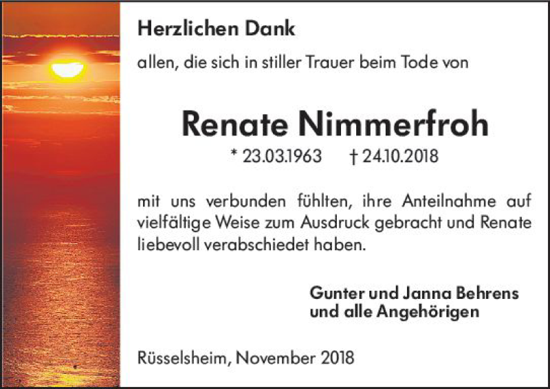  Traueranzeige für Renate Nimmerfroh vom 10.11.2018 aus vrm-trauer