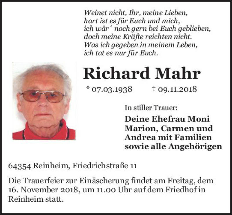  Traueranzeige für Richard Mahr vom 12.11.2018 aus vrm-trauer