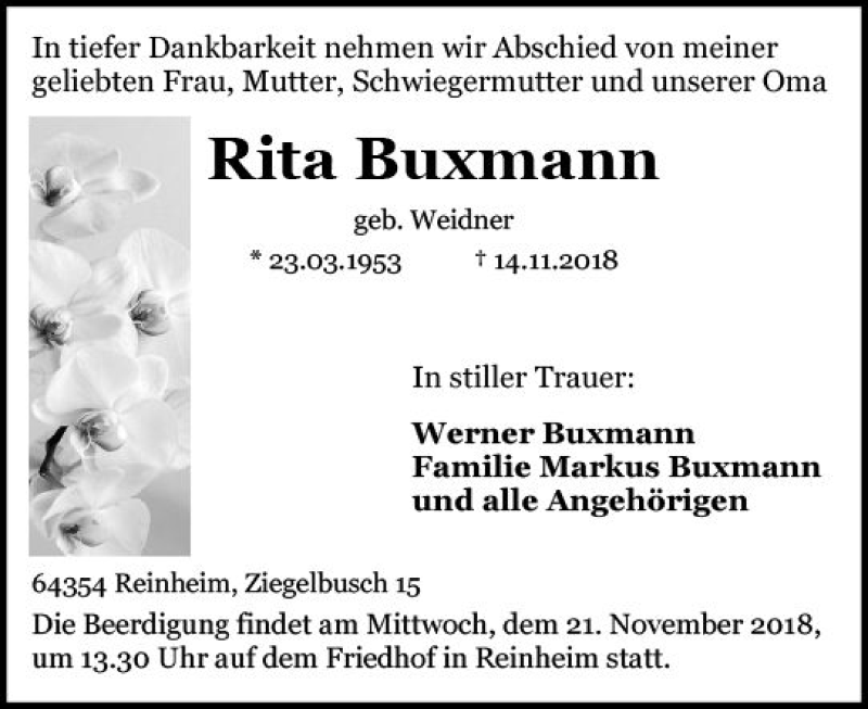  Traueranzeige für Rita Buxmann vom 19.11.2018 aus vrm-trauer