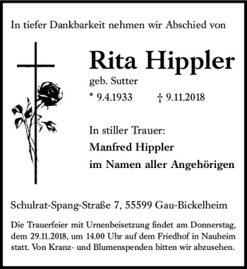 Traueranzeige von Rita Hippler von vrm-trauer