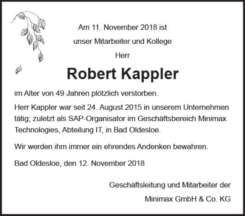  Traueranzeige für Robert Kappler vom 24.11.2018 aus vrm-trauer