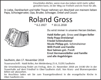 Traueranzeige von Roland Gross von vrm-trauer
