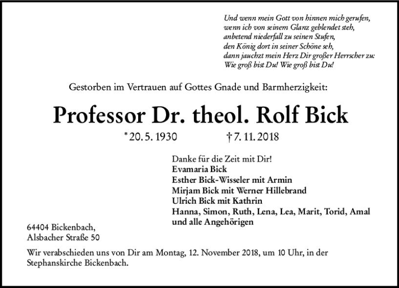  Traueranzeige für Rolf Bick vom 10.11.2018 aus vrm-trauer