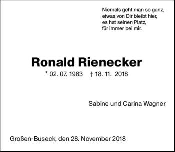 Traueranzeige von Ronald Rienecker von  Gießener Anzeiger