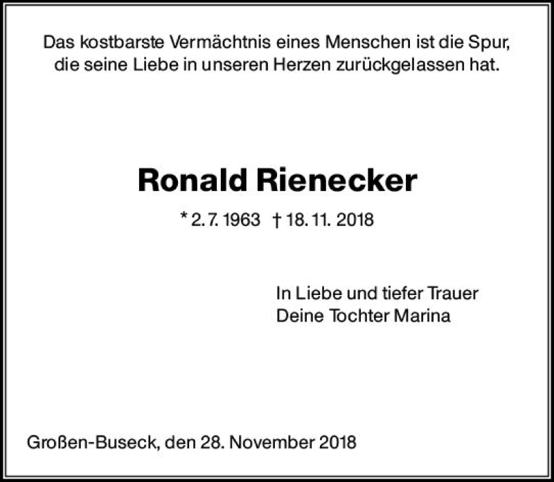  Traueranzeige für Ronald Rienecker vom 28.11.2018 aus  Gießener Anzeiger