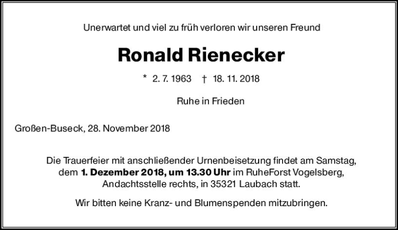  Traueranzeige für Ronald Rienecker vom 28.11.2018 aus  Gießener Anzeiger