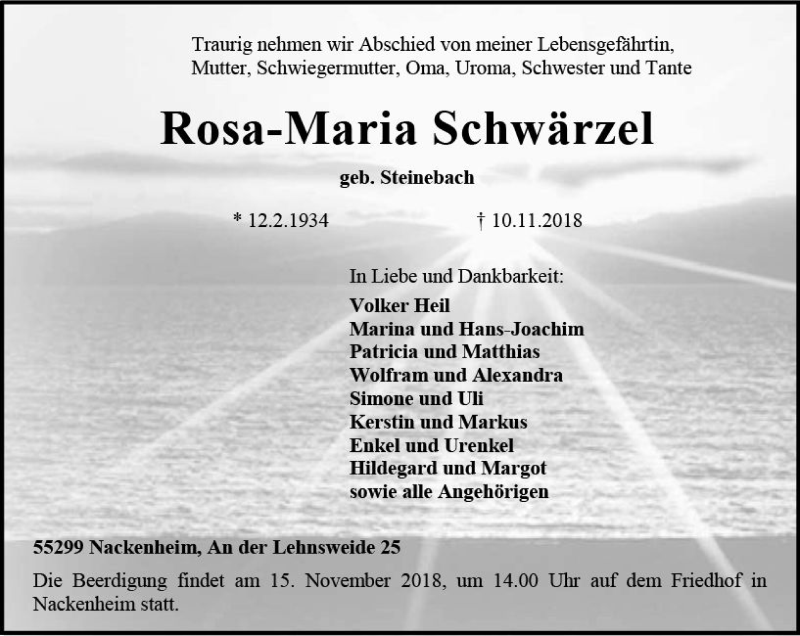  Traueranzeige für Rosa-Maria Schwärzel vom 14.11.2018 aus vrm-trauer