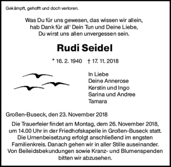 Traueranzeige von Rudi Seidel von  Gießener Anzeiger