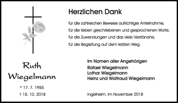 Traueranzeige von Ruth Wiegelmann von vrm-trauer