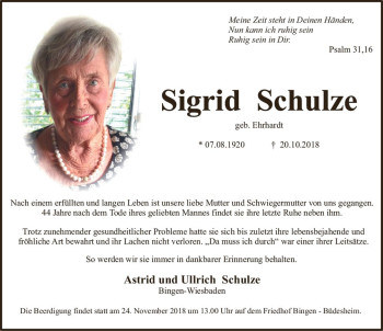 Traueranzeige von Sigrid Schulze von vrm-trauer