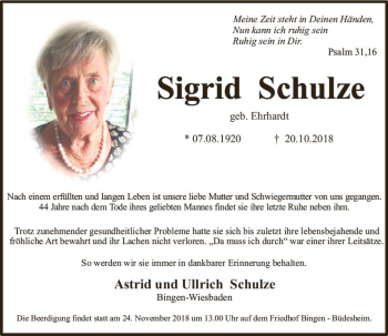 Traueranzeige von Sigrid Schulze von vrm-trauer