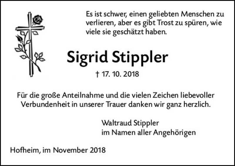  Traueranzeige für Sigrid Stippler vom 16.11.2018 aus vrm-trauer