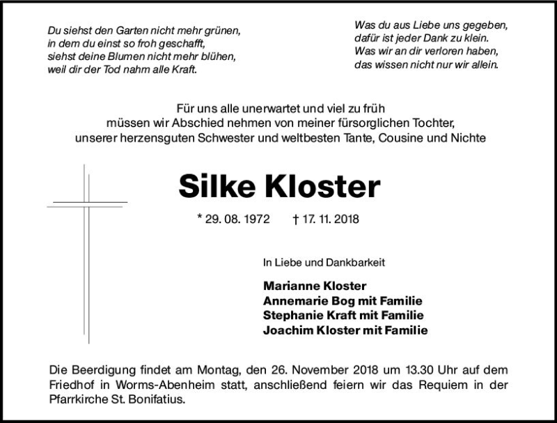  Traueranzeige für Silke Kloster vom 23.11.2018 aus vrm-trauer