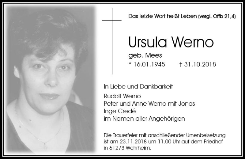  Traueranzeige für Ursula Werno vom 17.11.2018 aus  Usinger Anzeiger
