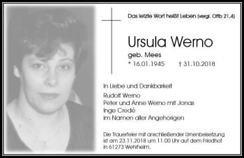 Traueranzeige von Ursula Werno von  Usinger Anzeiger