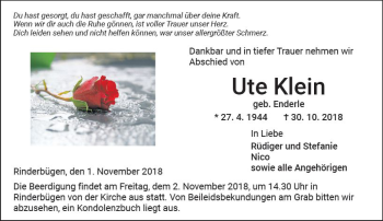 Traueranzeige von Ute Klein von  Kreisanzeiger