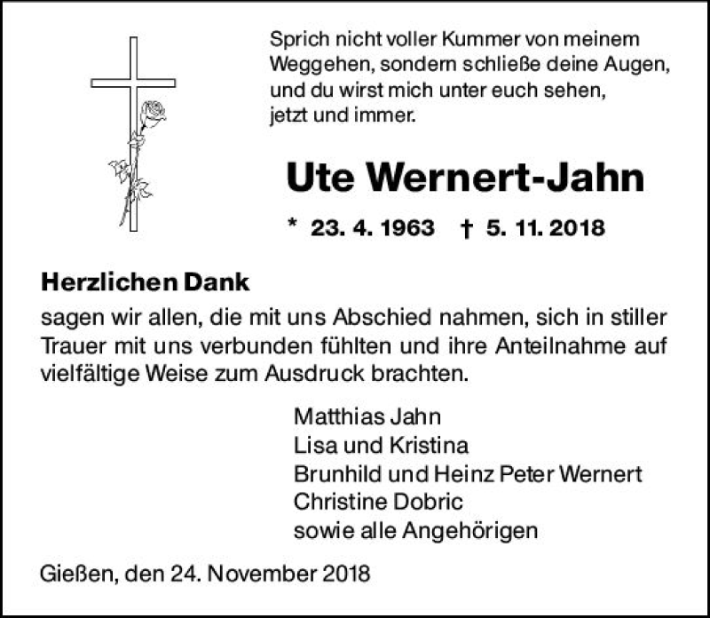  Traueranzeige für Ute Wernert-Jahn vom 24.11.2018 aus  Gießener Anzeiger