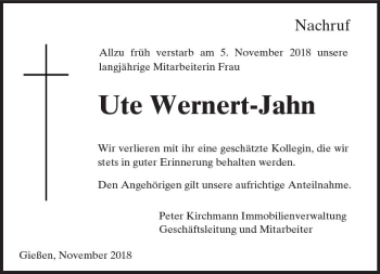 Traueranzeige von Ute Wernert-Jahn von  Gießener Anzeiger