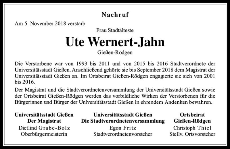  Traueranzeige für Ute Wernert-Jahn vom 09.11.2018 aus  Gießener Anzeiger