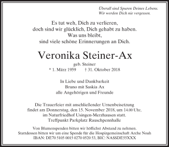 Traueranzeige von Veronika Steiner-Ax von  Usinger Anzeiger