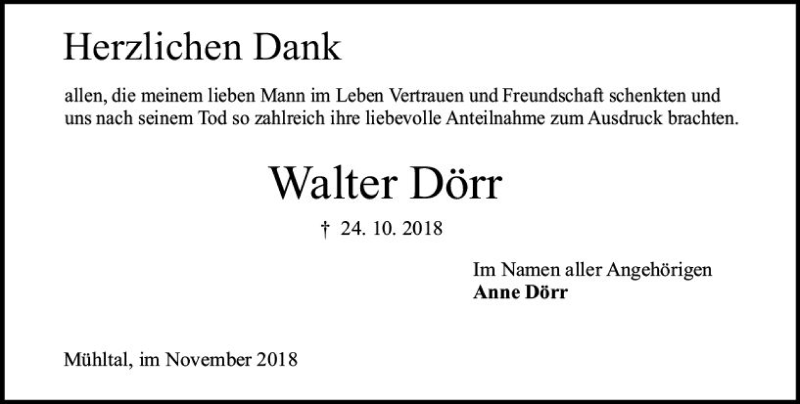  Traueranzeige für Walter Dörr vom 24.11.2018 aus vrm-trauer