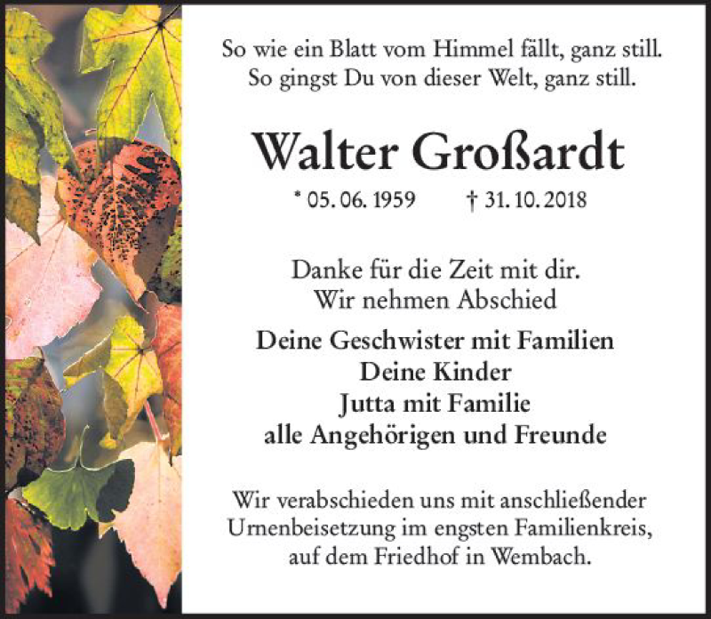  Traueranzeige für Walter Großardt vom 24.11.2018 aus vrm-trauer
