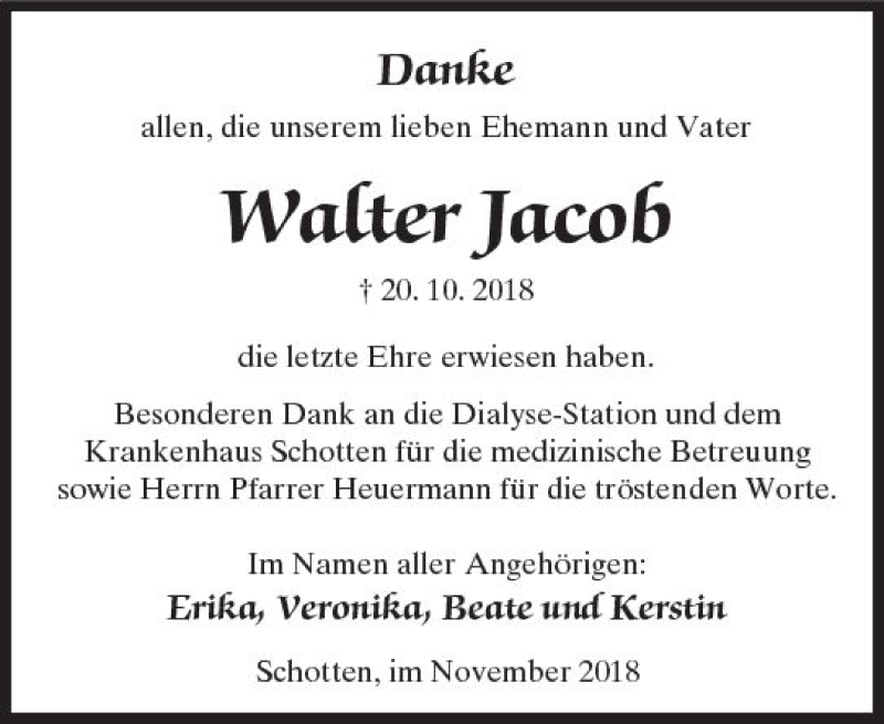  Traueranzeige für Walter Jacob vom 17.11.2018 aus  Kreisanzeiger