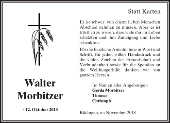 Traueranzeige von Walter Morbitzer von  Kreisanzeiger