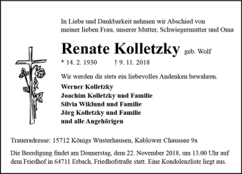 Traueranzeige von Werner Kolletzky von vrm-trauer