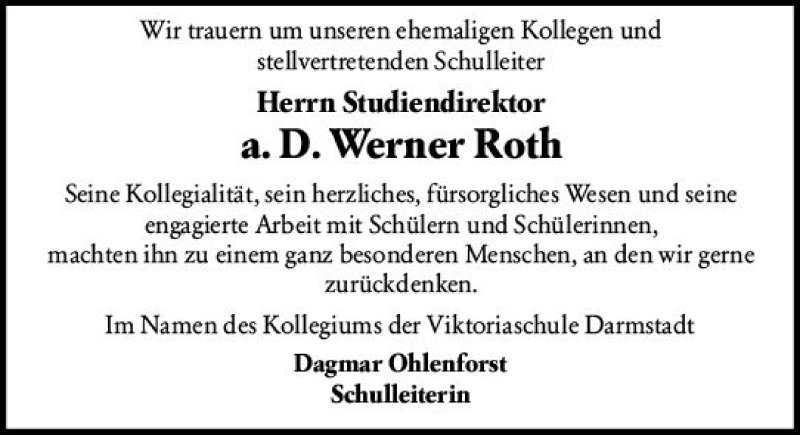  Traueranzeige für Werner Roth vom 10.11.2018 aus vrm-trauer