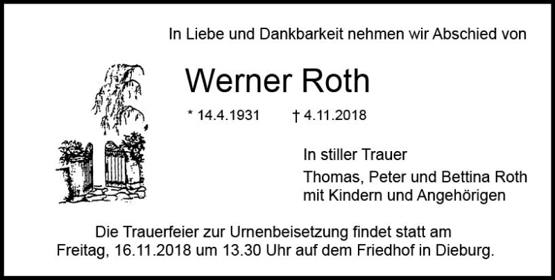  Traueranzeige für Werner Roth vom 10.11.2018 aus vrm-trauer
