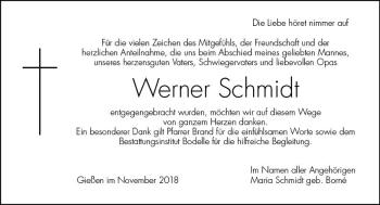 Traueranzeige von Werner Schmidt von  Gießener Anzeiger