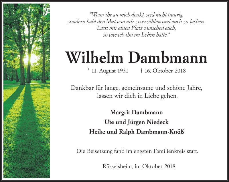  Traueranzeige für Wilhelm Dambmann vom 03.11.2018 aus vrm-trauer